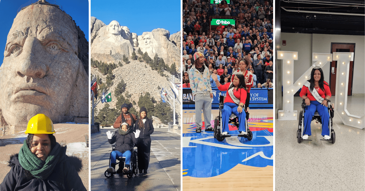 Four-photo collage: Tamara Blackwell at Crazy Horse Memorial wearing a hard hat, at Mount Rushmore with two others, on a basketball court in a wheelchair, and posing with a sign.