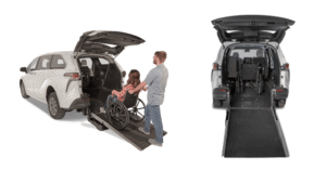 A man assists a woman in a wheelchair up a ramp into a modified van; second view shows the vans interior with the ramp extended.