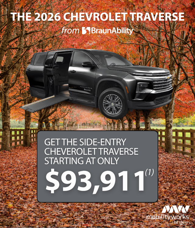 A 2026 Chevrolet Traverse with a side-entry ramp is parked by autumn trees. Text highlights MobilityWorks promotions and a starting price of $93,911 from BraunAbility.