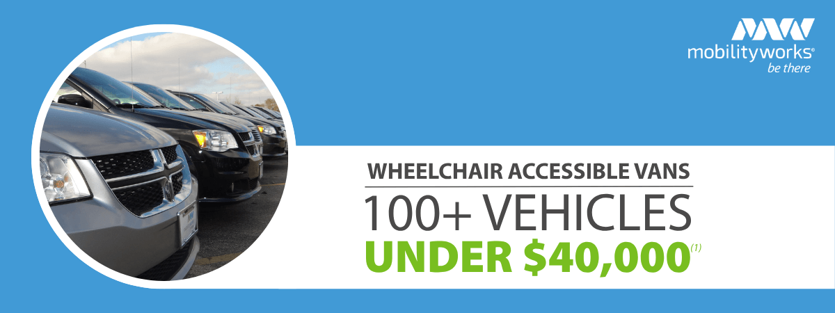 MobilityWorks logo and text: Wheelchair accessible vans, 100+ vehicles under $40,000, next to a circular photo of parked vans.