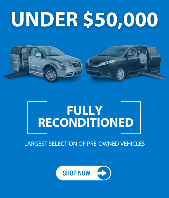 Anuncio de MobilityWorks que destaca vehículos accesibles para sillas de ruedas por $39,999 y menos, con la mayor selección de inventario usado.