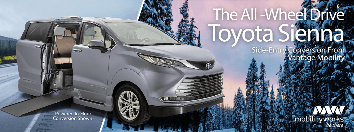 A silver Toyota Sienna minivan from Vantage Mobility with a side-entry ramp, displayed against a snowy forest background with text promoting its all-wheel drive conversion.