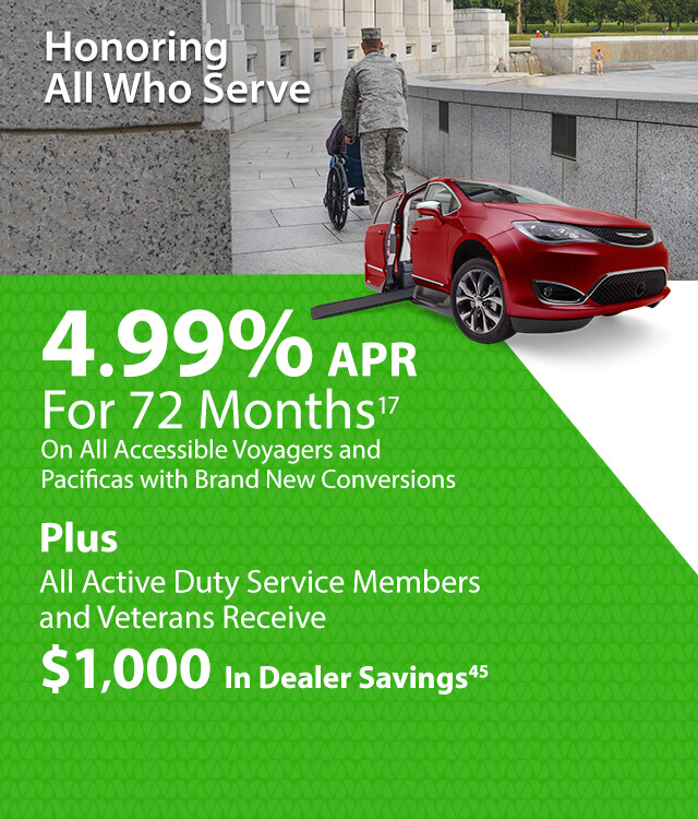 4.99% APR for 72 months plus all active duty and former veterans receive $1,000 in dealer savings