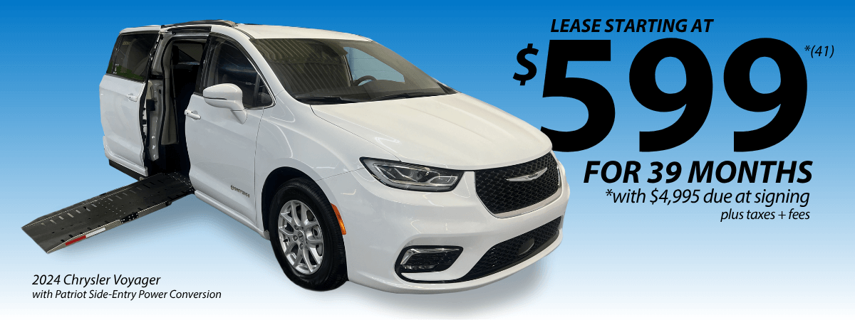 Two reconditioned wheelchair-accessible vans on a green background with text: Under $50,000, Fully Reconditioned, and Largest selection of pre-owned vehicles.