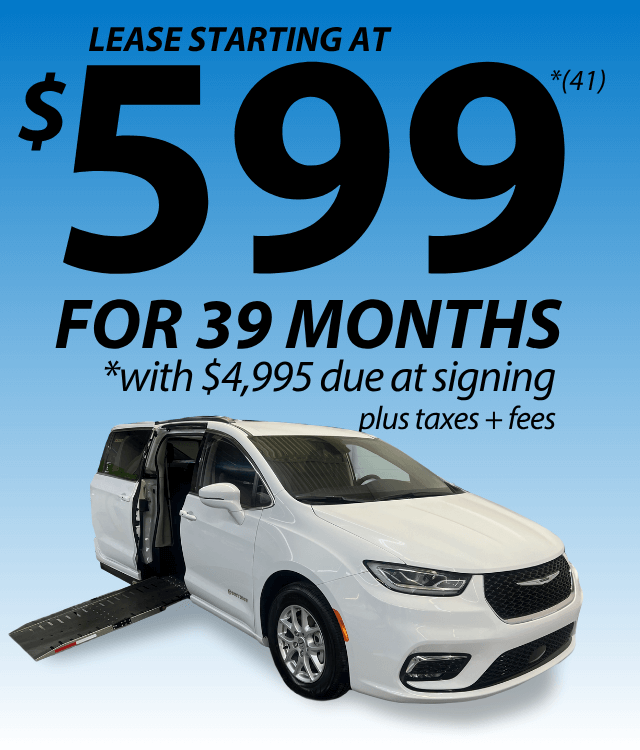 White minivan with a side ramp extended, shown below text advertising a lease offer of $599 for 39 months with $4,995 due at signing, plus taxes and fees. Blue gradient background.
