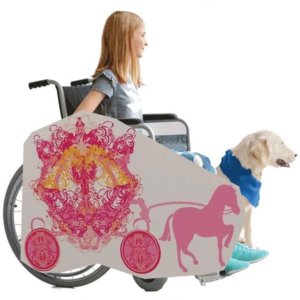 Niño en silla de ruedas vestido con un disfraz adaptable con temática de princesa
