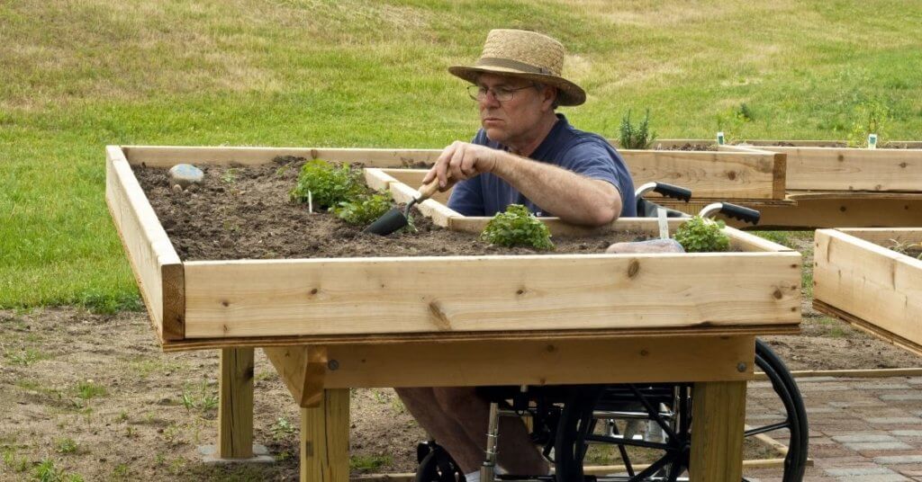 Man in a wheelchair working at an enabling garden table