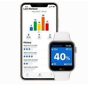 Captura de pantalla de la aplicación WorkoutCompanion, muestra estadísticas de entrenamiento y compatibilidad con Apple Watch