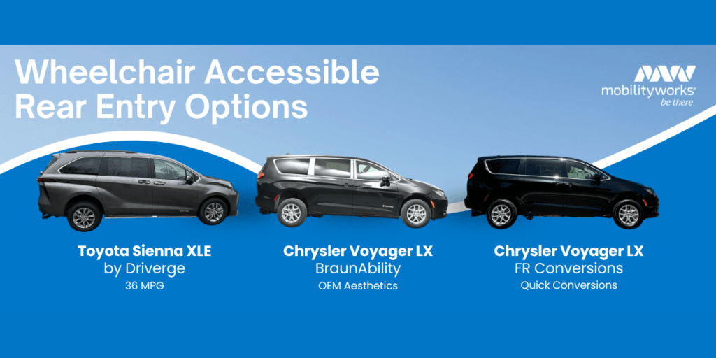 Three wheelchair accessible minivans, labeled Toyota Sienna XLE, Chrysler Voyager LX BraunAbility, and Chrysler Voyager LX FR Conversions, are shown side by side on a blue background.