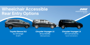 Three wheelchair accessible minivans, labeled Toyota Sienna XLE, Chrysler Voyager LX BraunAbility, and Chrysler Voyager LX FR Conversions, are shown side by side on a blue background.