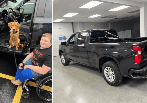A person in a wheelchair with a dog on a leash sits beside a black pickup truck; the same truck is shown indoors from the rear.