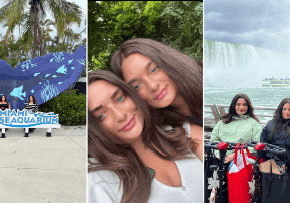 A collage of three photos featuring two young women at the Miami Seaquarium, posing outdoors, and near Niagara Falls with a woman and two strollers.