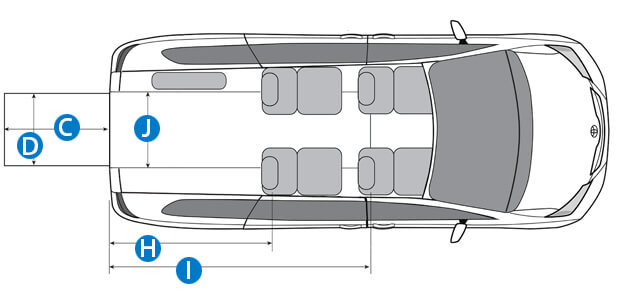 Aerial view wheelchair van schematic with rear ramp 
