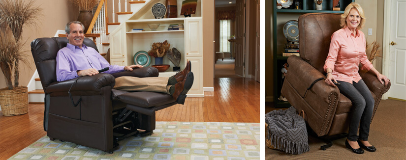 Smiling man and woman using power lift chairs in their respective homes