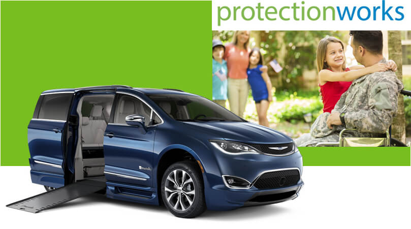protection-works ProtectionWorks logo with blue side entry Chrylser Pacifica with ramp extended
