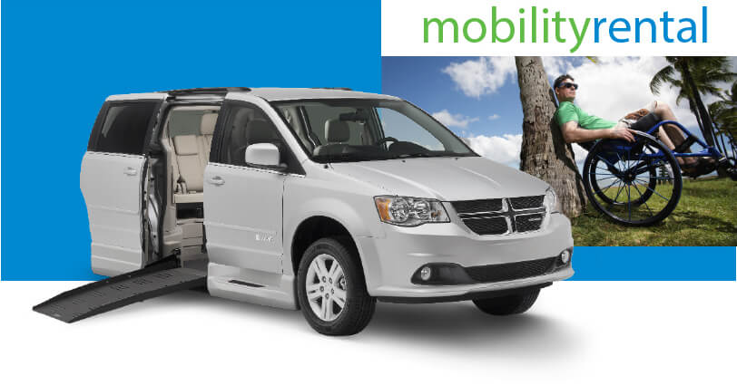 MobilityRental logo with side entry wheelchair van with ramp extended