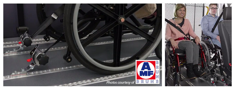 woman in wheelchair and close up of wheelchair tie downs 