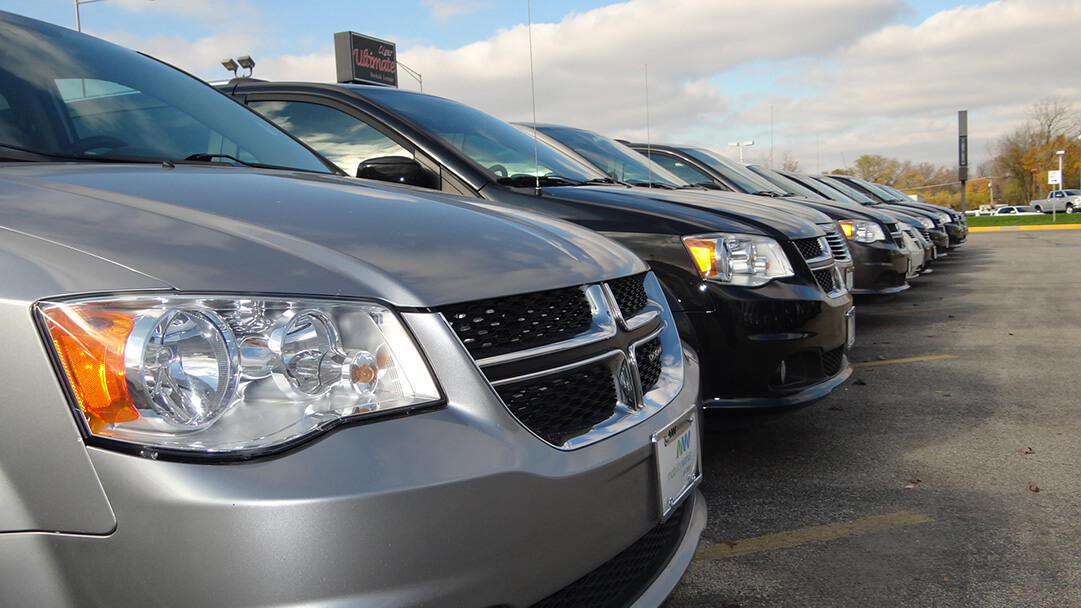 the front of multiple wheelchair vehicles lined up in parking lot